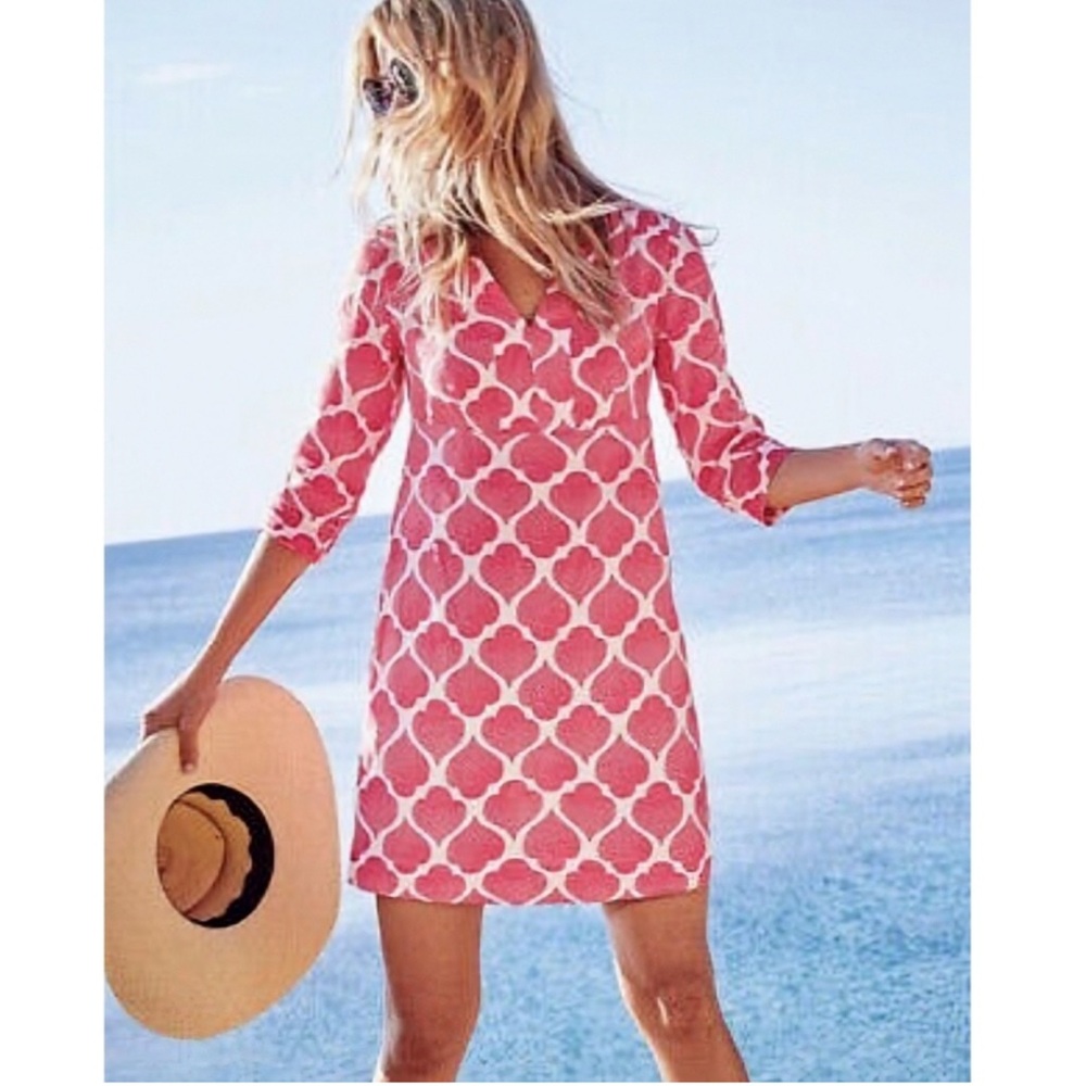 Boden Pink & White Moroccan Tile Linen Tunic Shift Dress Size 10 Womens 10L Long